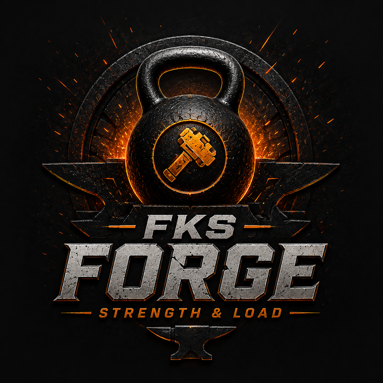 FKS Forge Strength & Load promotional artwork featuring a kettlebell, hammer and anvil